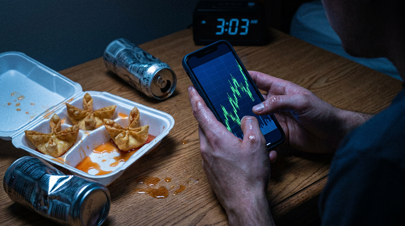 A late-night trader checks charts beside crab rangoons and energy drinks.