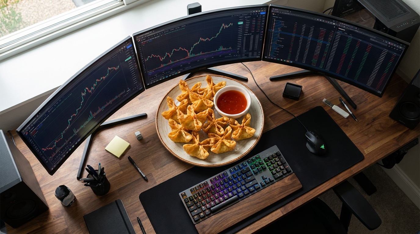 A desk trading setup arranged around a plate of crab rangoons.