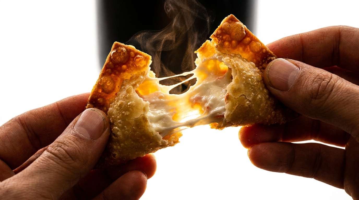 A steaming crab rangoon pulled apart to reveal melted filling.