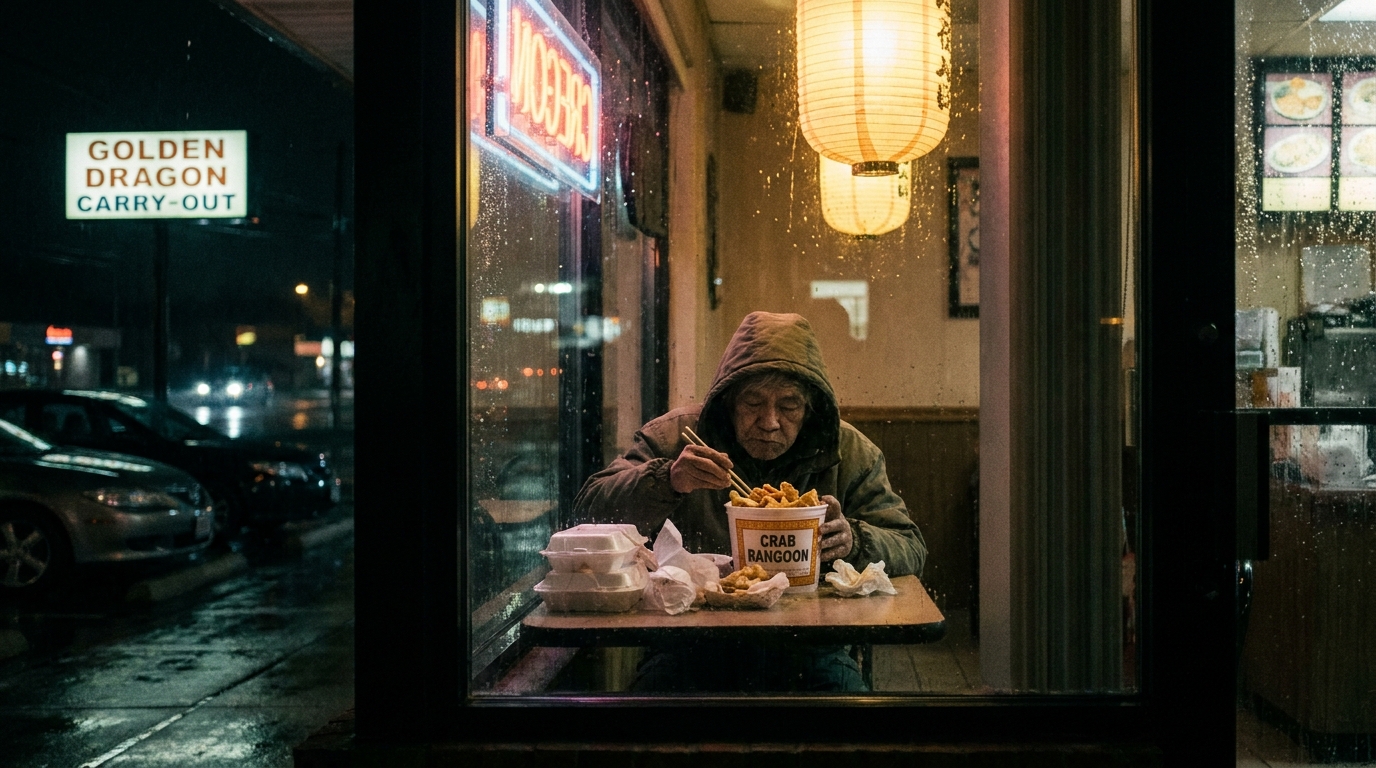 A lone diner contemplates a bucket of crab rangoons beside a rainy window.