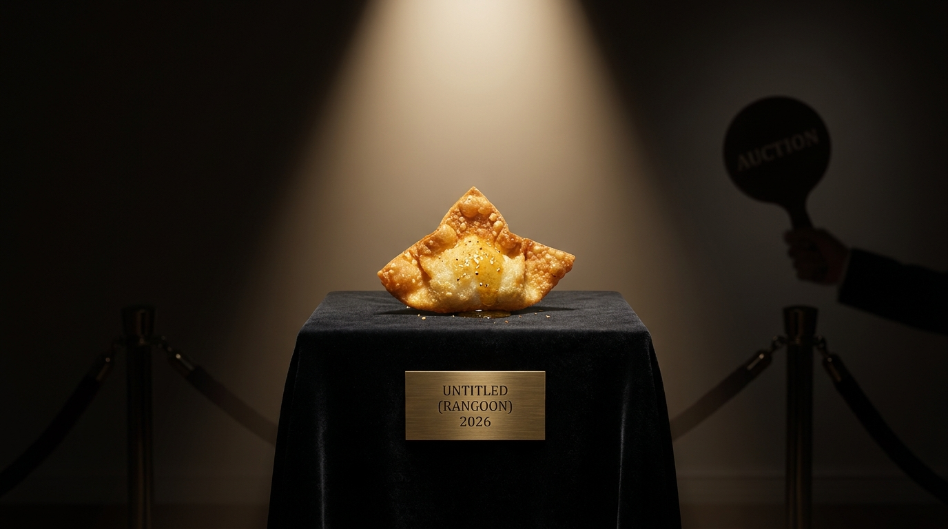 Crab rangoon under a museum spotlight.